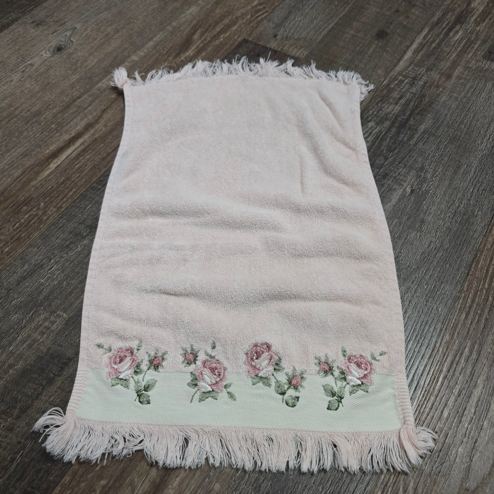 Living Quarters Victorian Rose Hand Towel Pink Floral Cotton Fringe Trim